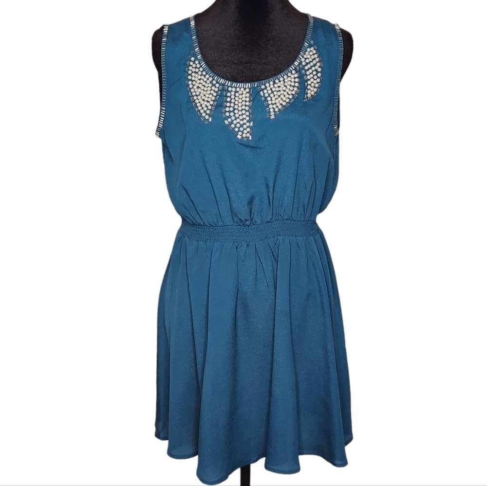 Sweet Rain Sleeveless Midi Dress S Beaded Accents Elastic Waist Teal Feminine